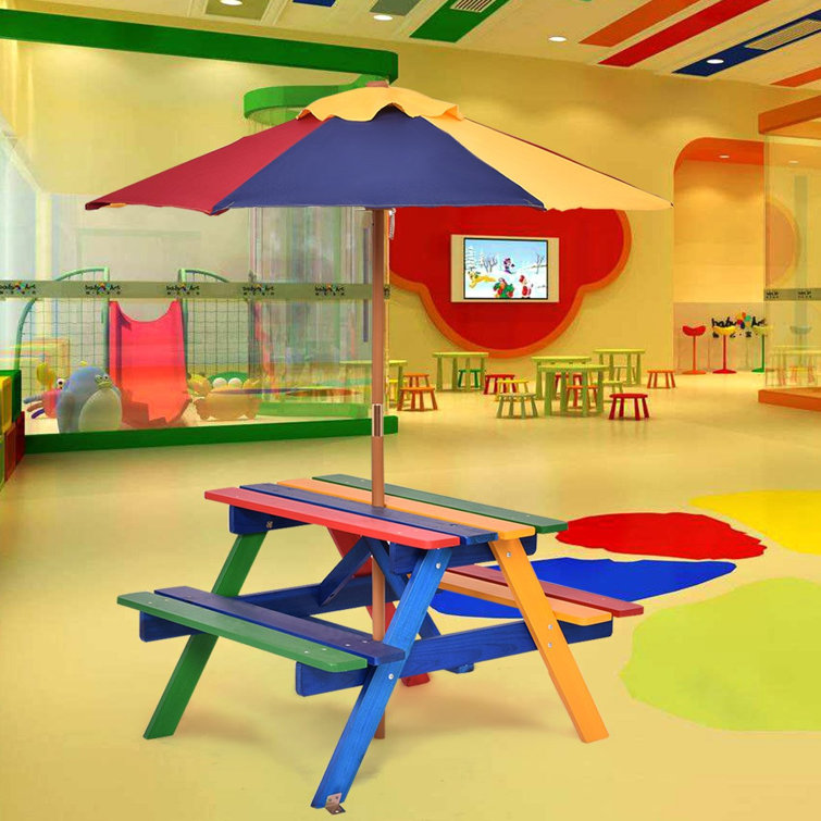 Zoomie Kids Weisinger Kids Solid Wood Rectangular Outdoor Table and Chair Set and Bench